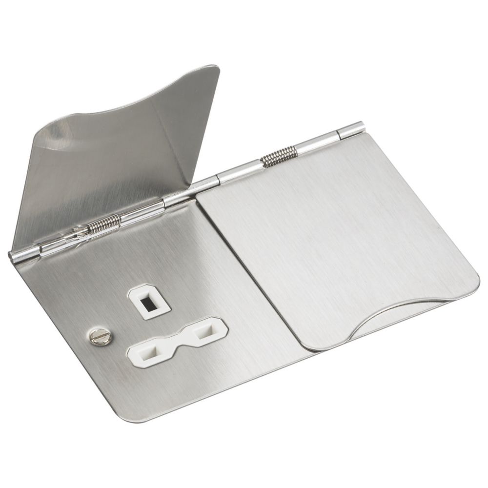 Image of Knightsbridge FPR9UBCW 13A 2-Gang Unswitched Floor Socket Brushed Chrome with White Inserts 