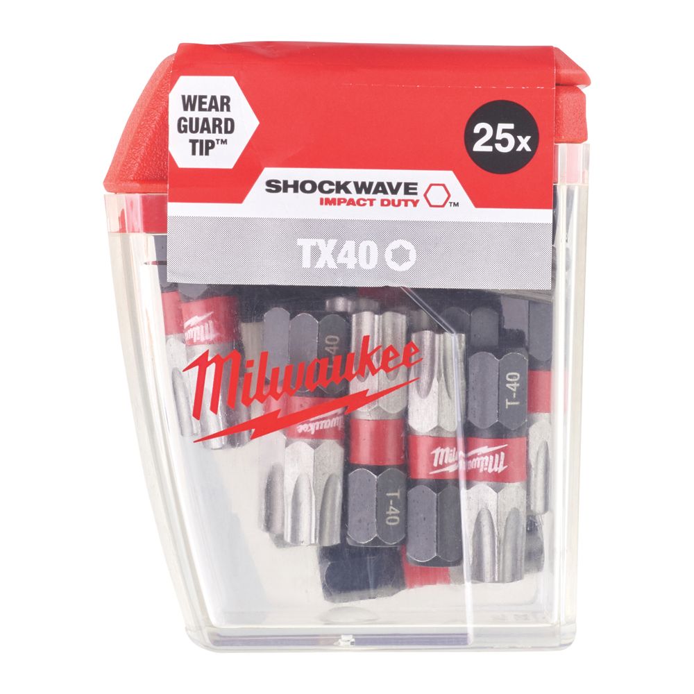 Image of Milwaukee SHOCKWAVE 1/4" 25mm Hex Shank TX40 Screwdriver Bits 25 Pack 
