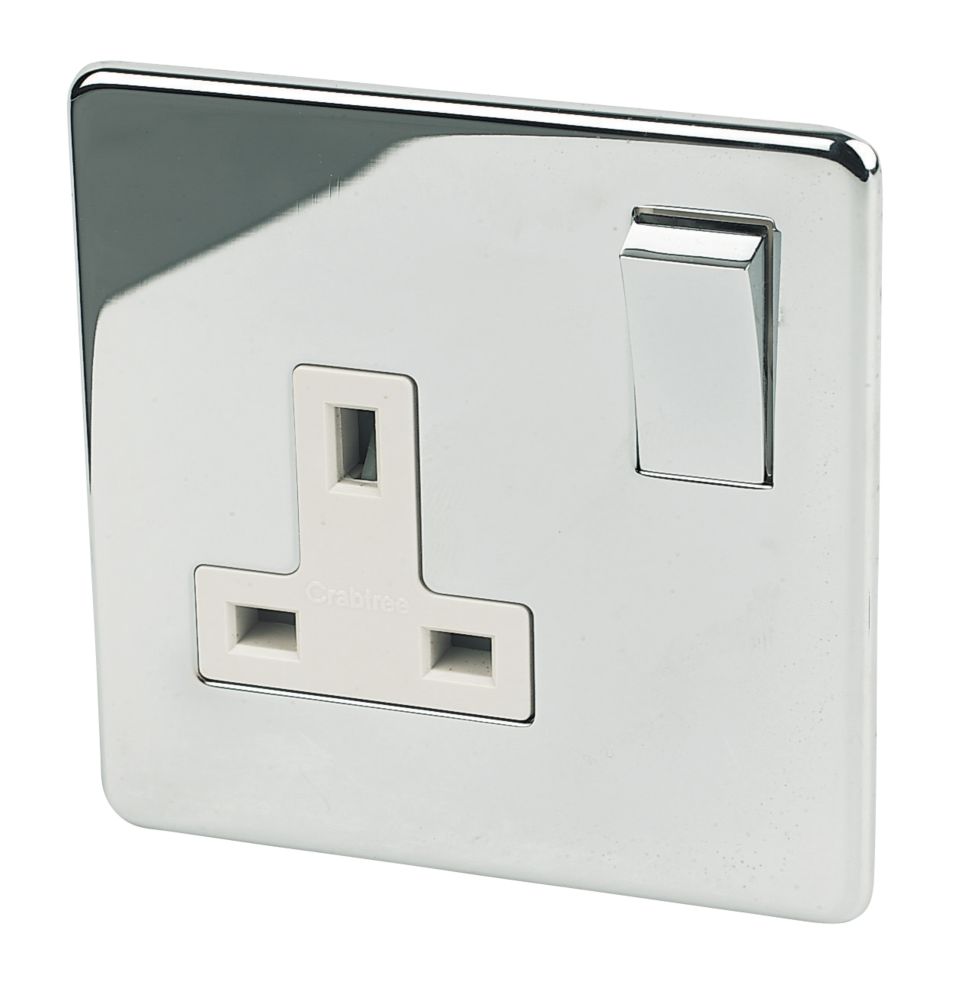 Image of Crabtree Platinum 13A 1-Gang DP Switched Plug Socket Polished Chrome with White Inserts 