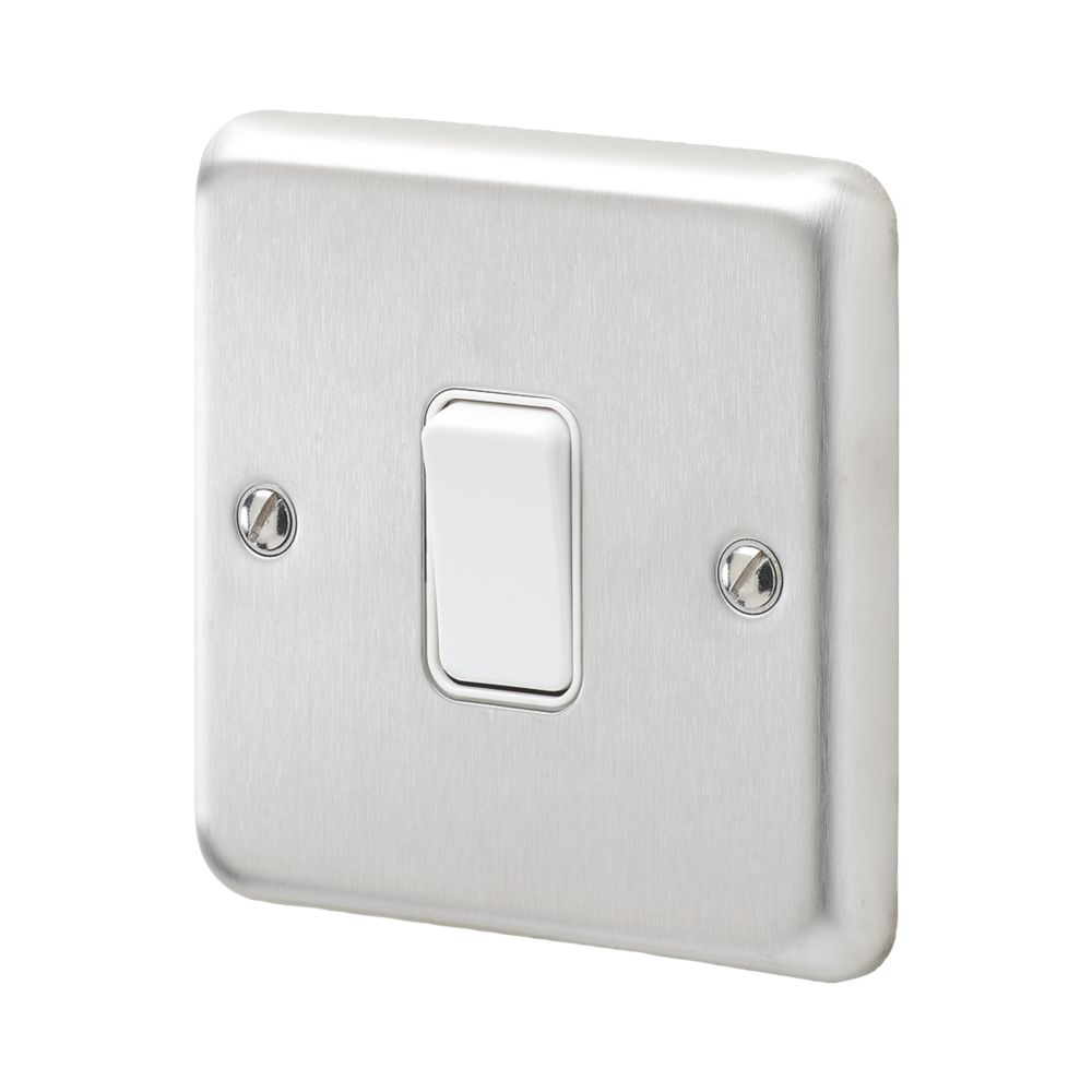 Image of MK Contoura 10A 1-Gang 2-Way Switch Brushed Stainless Steel with White Inserts 