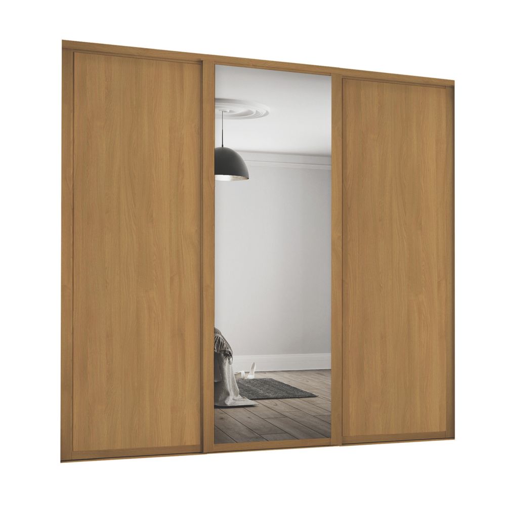 Image of Spacepro Shaker 3-Door Sliding Wardrobe Doors Oak Frame Oak / Mirror Panel 2592mm x 2260mm 