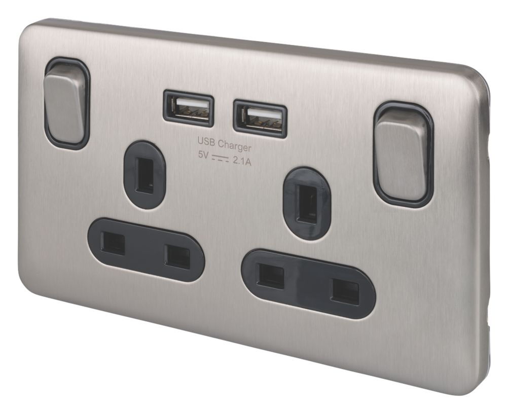 Image of Schneider Electric Lisse Deco 13A 2-Gang SP Switched Socket + 2.1A 2-Outlet Type A USB Charger Brushed Stainless Steel with Black Inserts 