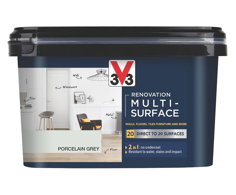 Image of V33 Satin Porcelain Grey Acrylic Renovation Multi-Surface Paint 2Ltr 