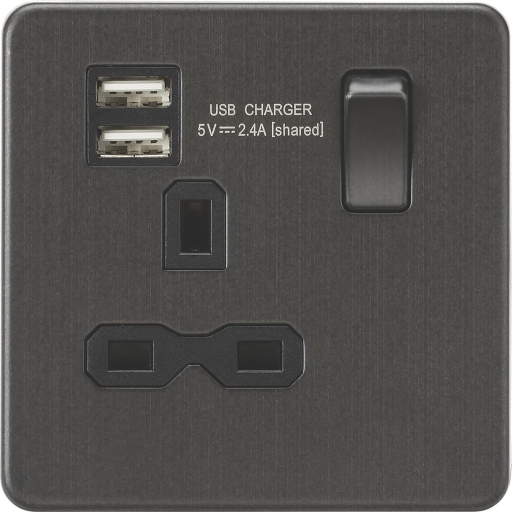 Image of Knightsbridge 13A 1-Gang SP Switched Socket + 2.4A 2-Outlet Type A USB Charger Smoked Bronze with Black Inserts 