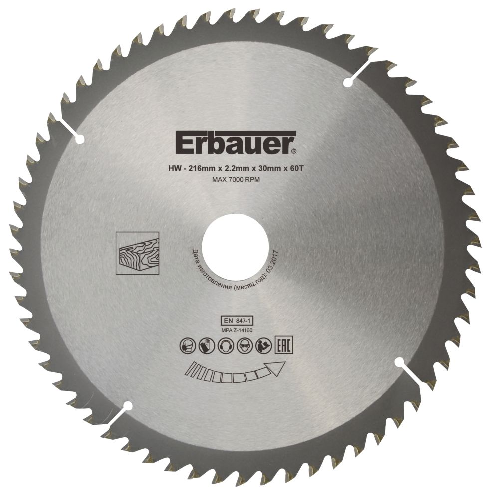 Image of Erbauer Wood TCT Saw Blade 216mm x 30mm 60T 