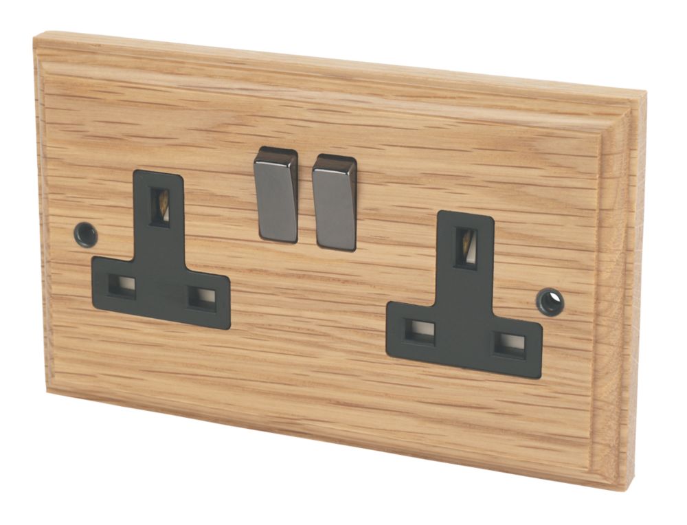 Image of Varilight 13AX 2-Gang DP Switched Plug Socket Classic Oak with Black Inserts 