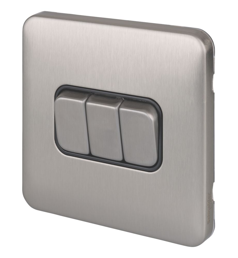 Image of Schneider Electric Lisse Deco 10AX 3-Gang 2-Way Light Switch Brushed Stainless Steel with Black Inserts 