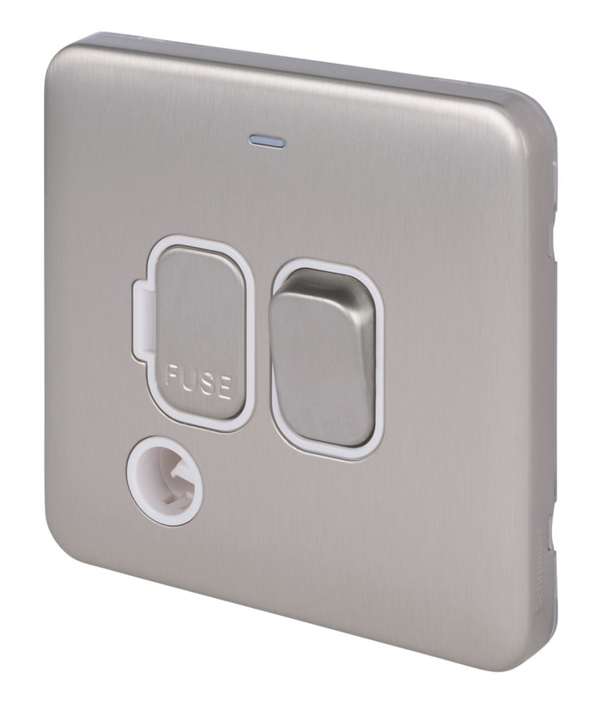 Image of Schneider Electric Lisse Deco 13A Switched Fused Spur & Flex Outlet Brushed Stainless Steel with White Inserts 