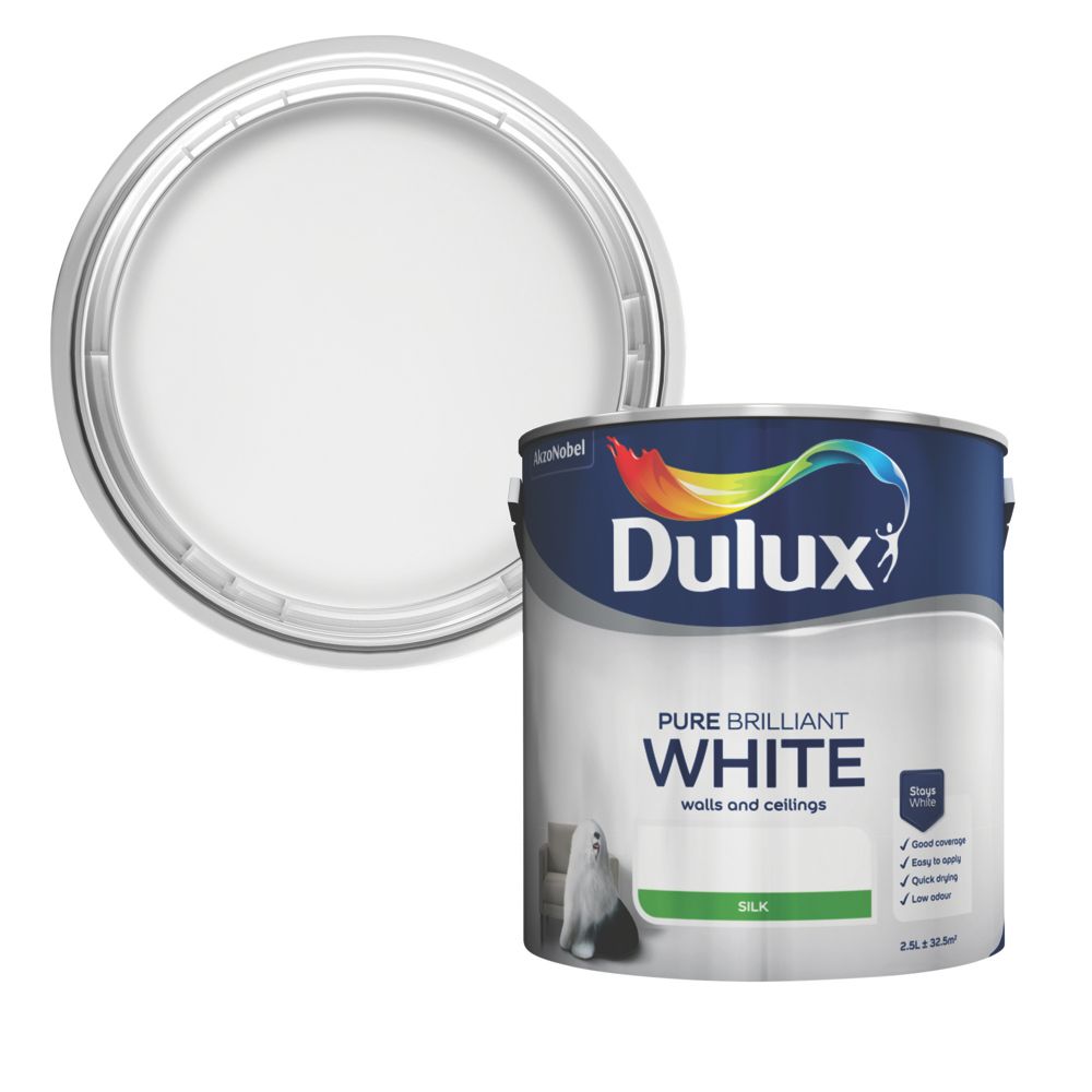 Image of Dulux Silk Pure Brilliant White Emulsion Paint 2.5Ltr 