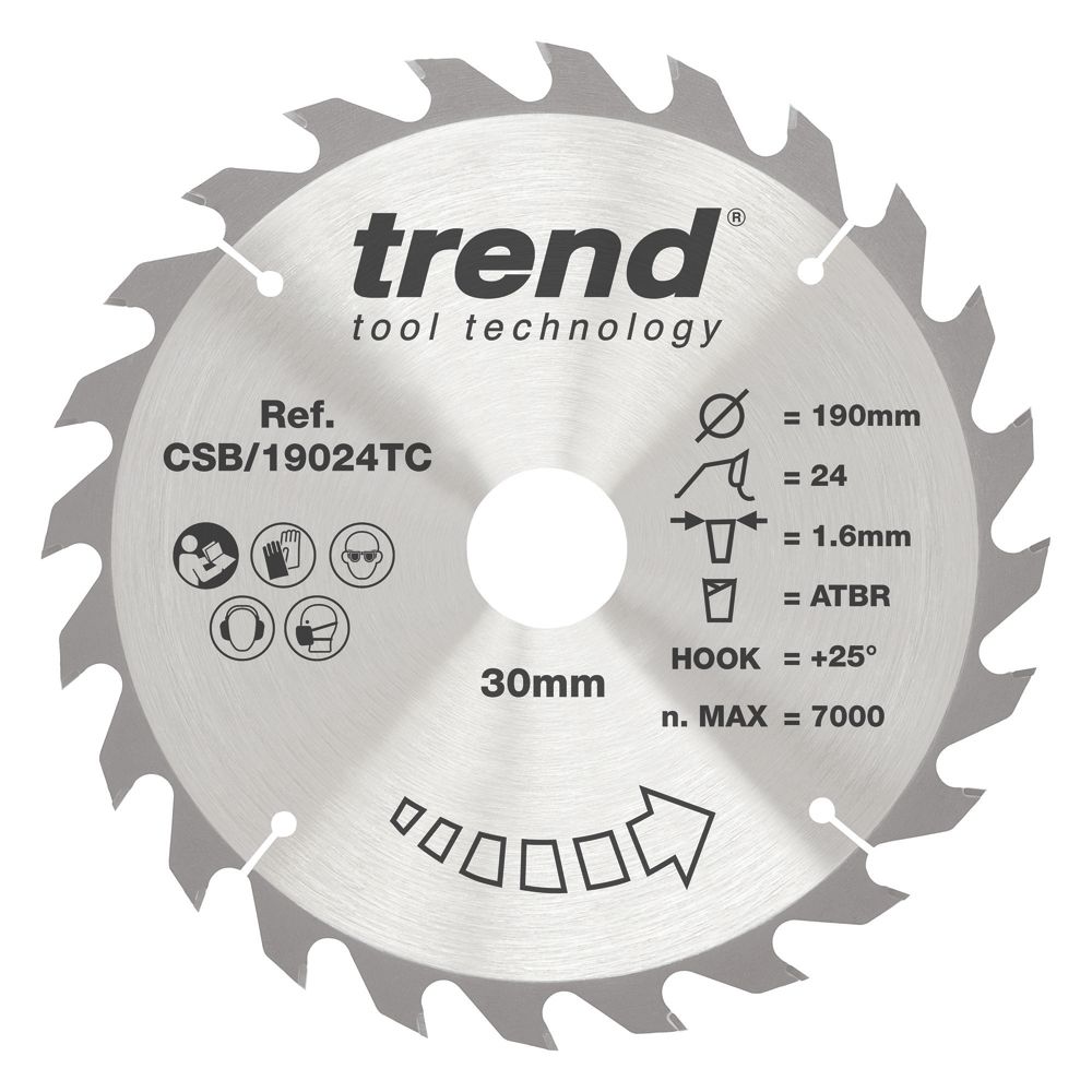Image of Trend CraftPro CSB/19024TC Wood Thin Kerf Circular Saw Blade for Cordless Saws 190mm x 30mm 24T 