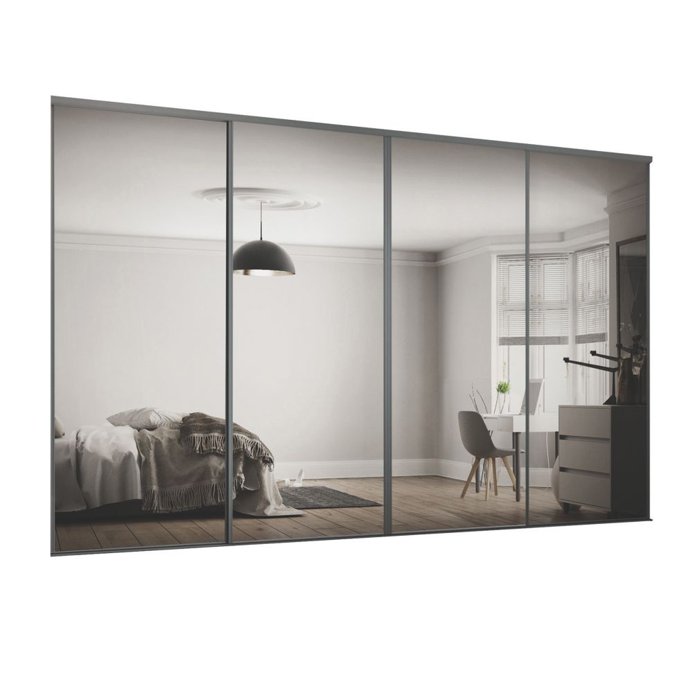 Image of Spacepro Classic 4-Door Sliding Wardrobe Door Kit Graphite Frame Mirror Panel 3586mm x 2260mm 