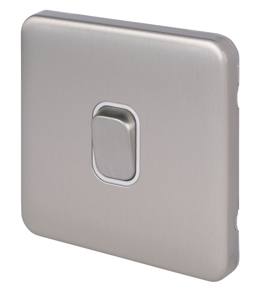 Image of Schneider Electric Lisse Deco 10AX 1-Gang Intermediate Switch Brushed Stainless Steel with White Inserts 