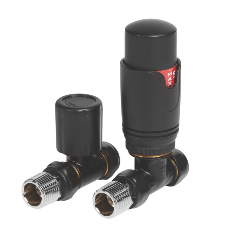 Image of Towelrads Black Straight Thermostatic TRV & Lockshield 15mm x 1/2" 