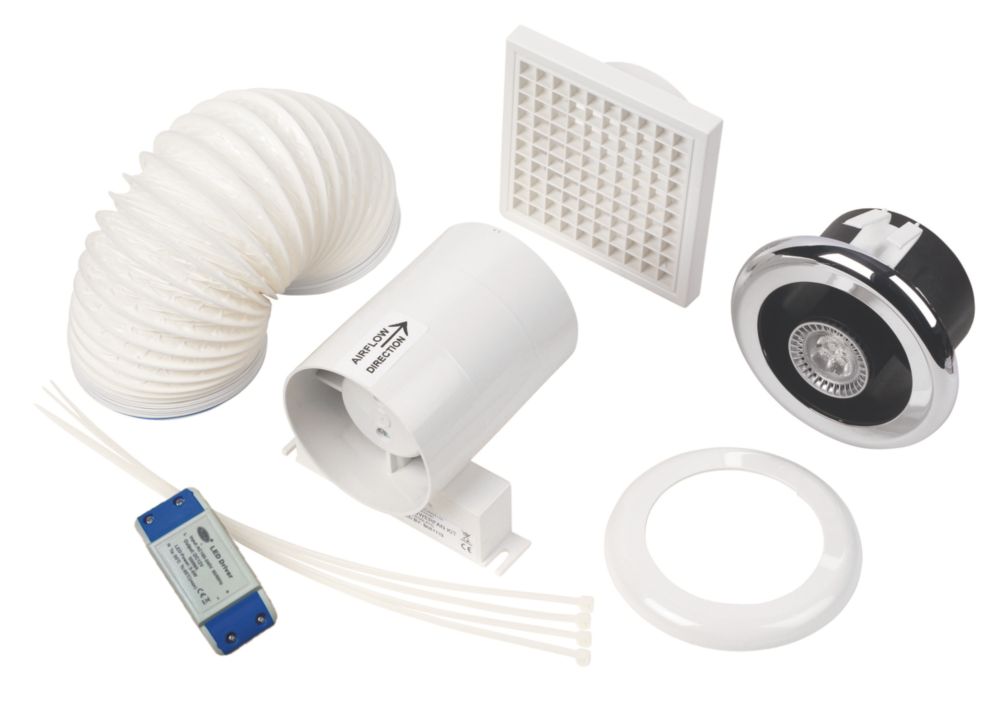 Image of Manrose LEDSLKTC 4" Axial Inline Bathroom Shower Extractor Fan Kit With LED Light with Timer Bright Chrome 240V 