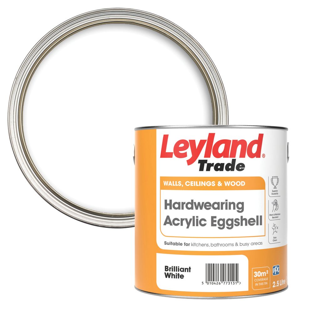 Image of Leyland Trade Eggshell Brilliant White Emulsion Acrylic Paint 2.5Ltr 