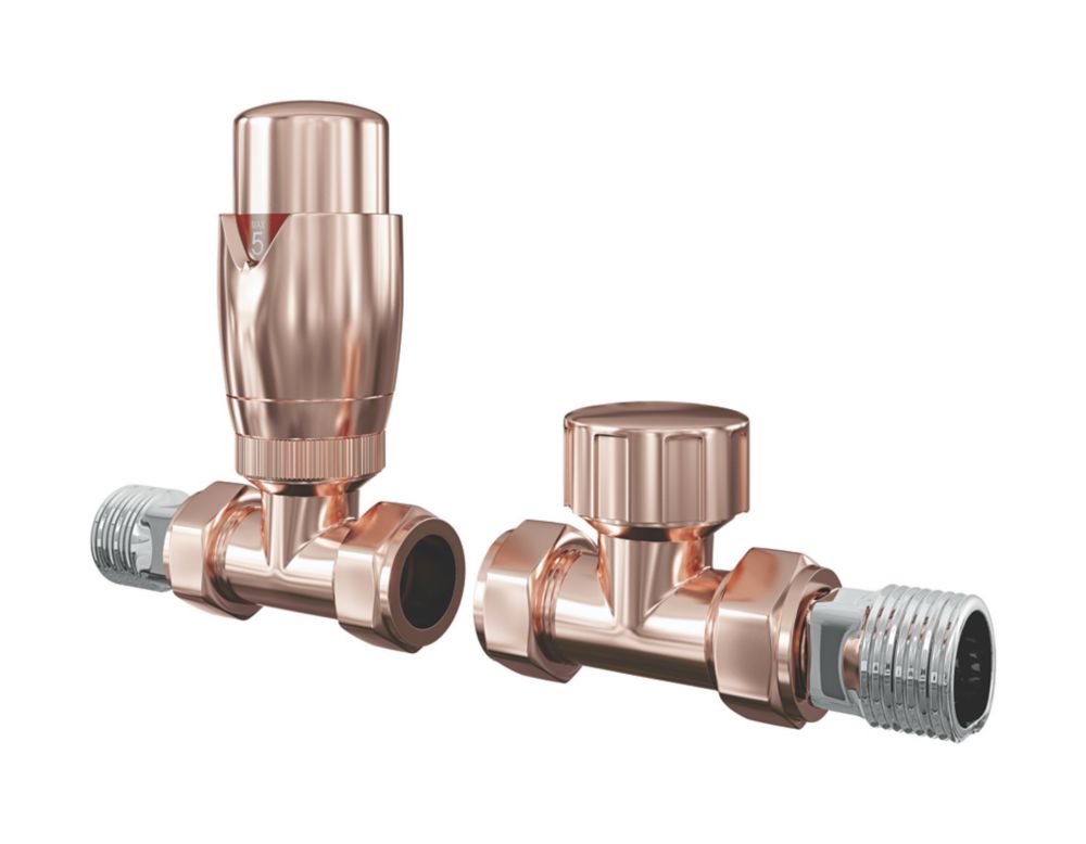 Image of ETAL Danva Copper Straight Thermostatic TRV & Lockshield 15mm x 1/2" 