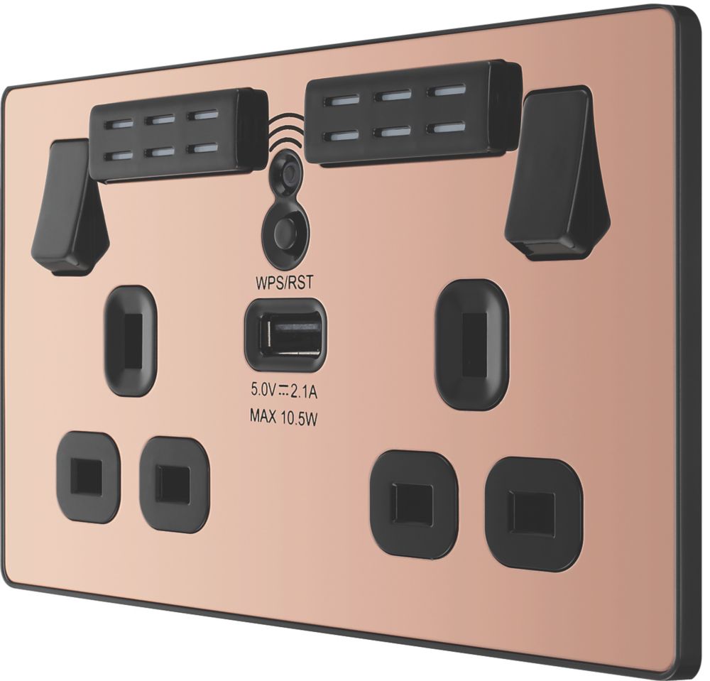 Image of British General Evolve 13A 2-Gang SP Switched Double Socket With WiFi Extender + 2.1A 1-Outlet Type A USB Charger Copper with Black Inserts 