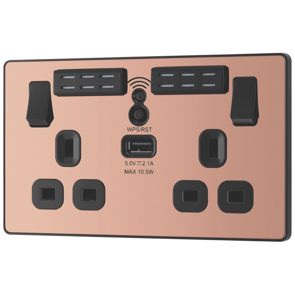 Image of British General Evolve 13A 2-Gang SP Switched Double Socket With WiFi Extender + 2.1A 1-Outlet Type A USB Charger Copper with Black Inserts 
