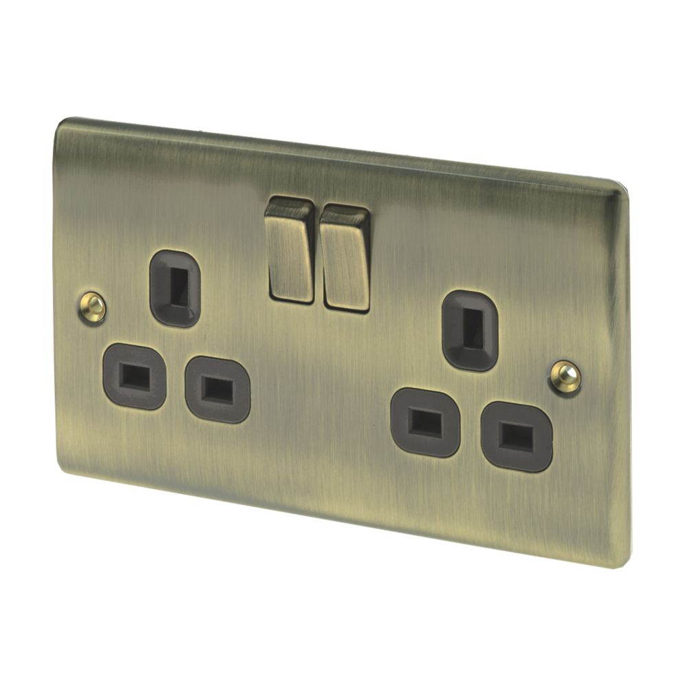 Image of British General Nexus Metal 13A 2-Gang DP Switched Plug Socket Antique Brass with Black Inserts 