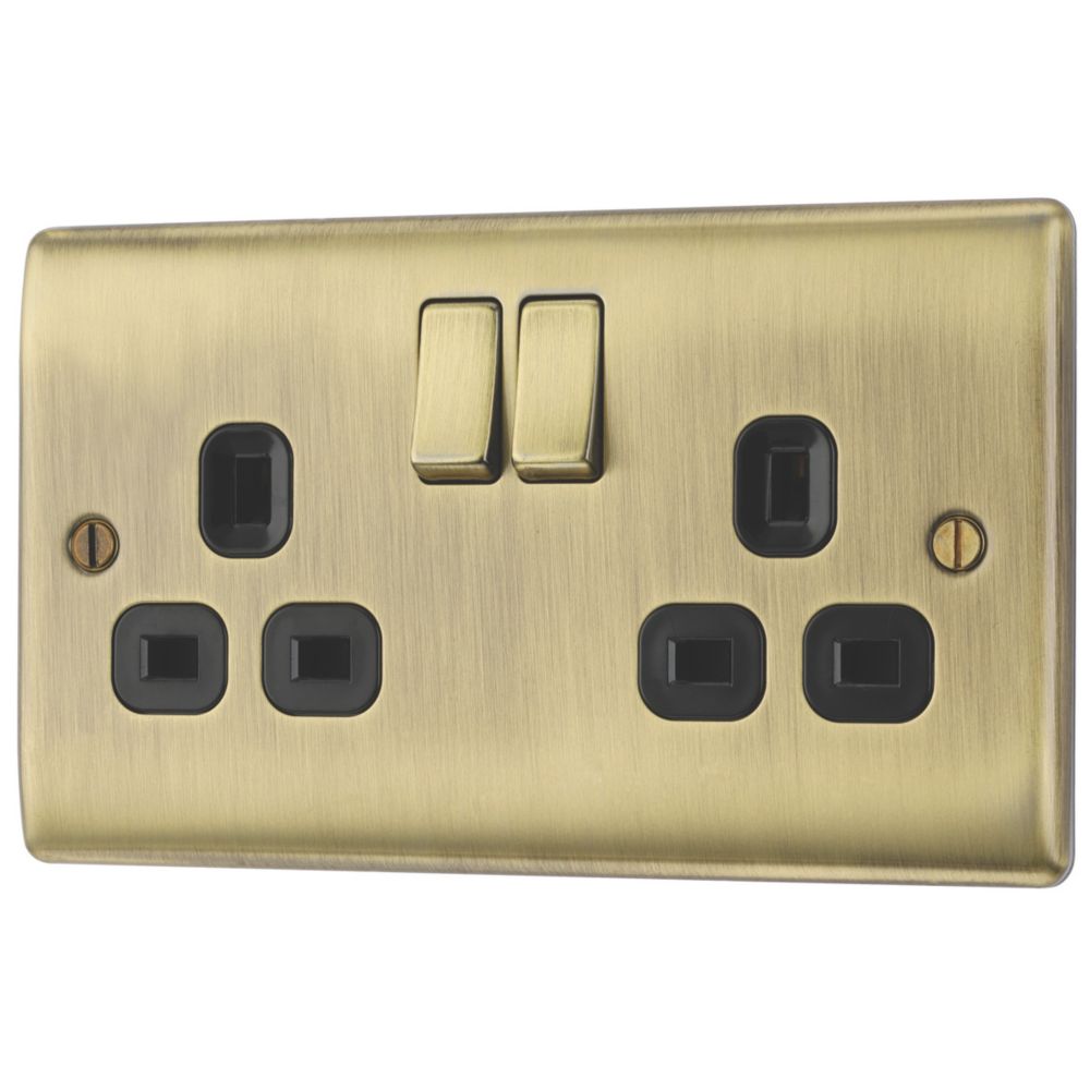 Image of British General Nexus Metal 13A 2-Gang DP Switched Plug Socket Antique Brass with Black Inserts 