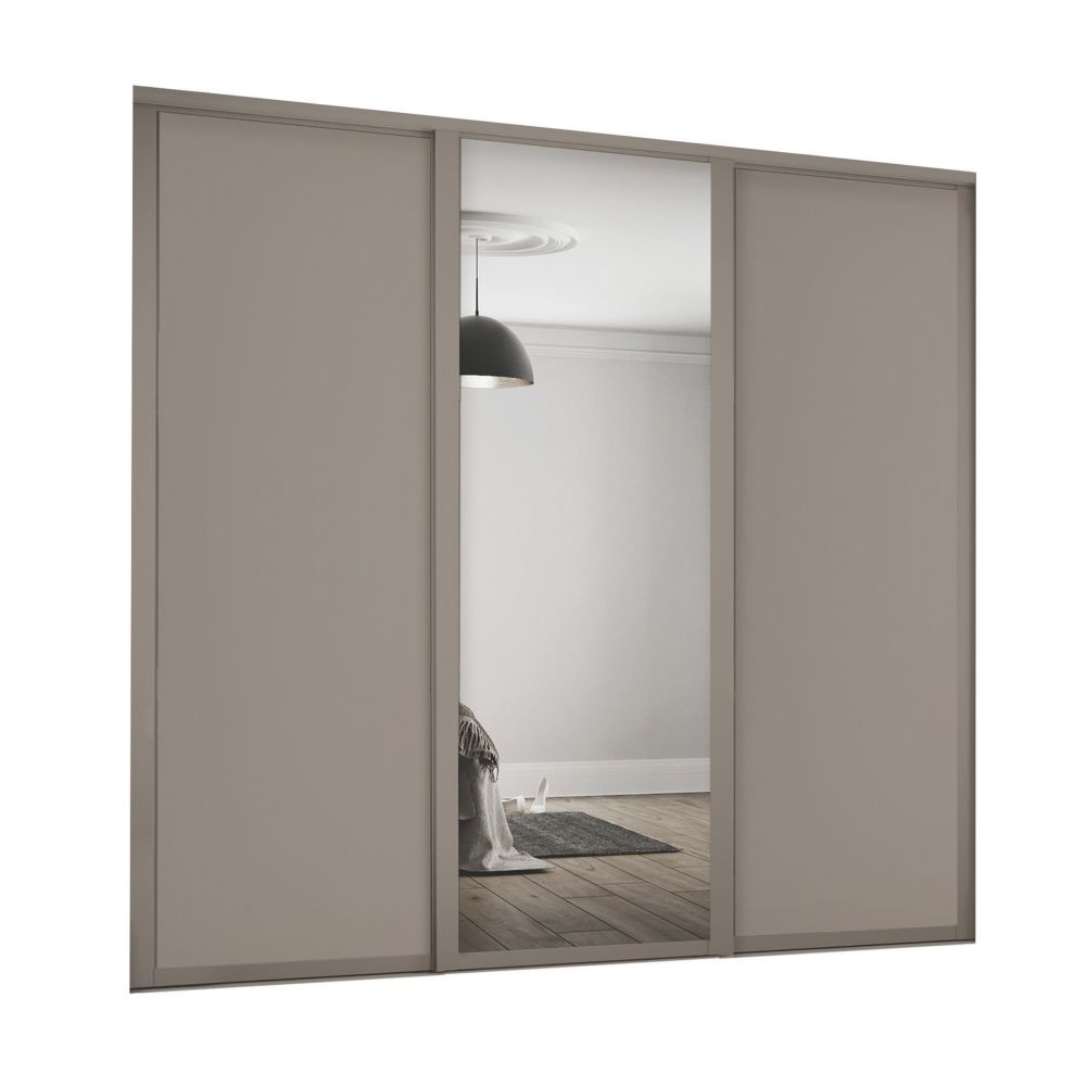 Image of Spacepro Shaker 3-Door Sliding Wardrobe Door Kit Stone Grey Frame Stone Grey / Mirror Panel 2592mm x 2260mm 