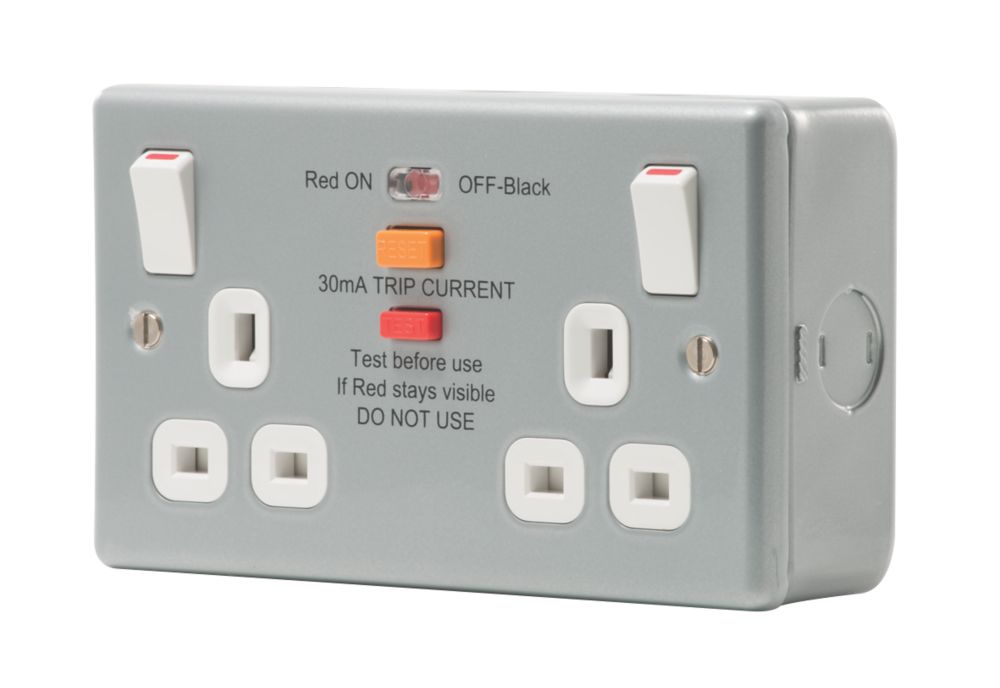 Image of British General 13A 2-Gang SP Switched Metal Clad Passive RCD Switched Socket with White Inserts 