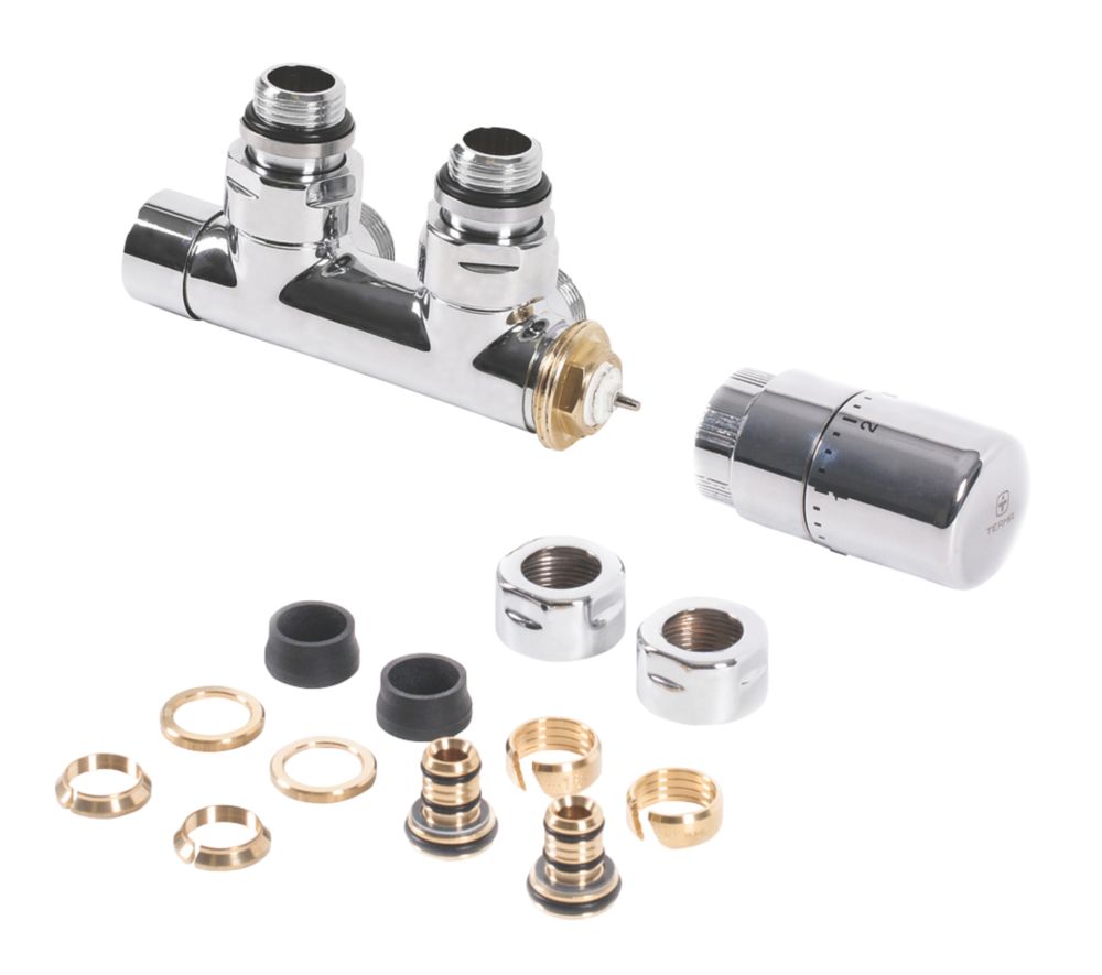 Image of Terma Chrome Angled 50mm Thermostatic H-Block Valve & Lockshield Set 15mm x 15mm 