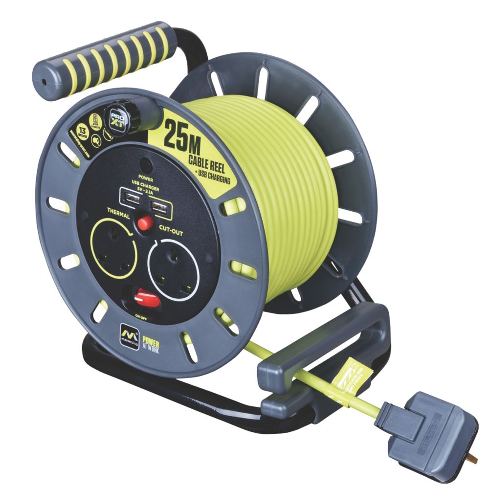 Image of PRO XT 13A 2-Gang 25m Cable Reel + 2.1A 2-Outlet Type A USB Charger 240V 
