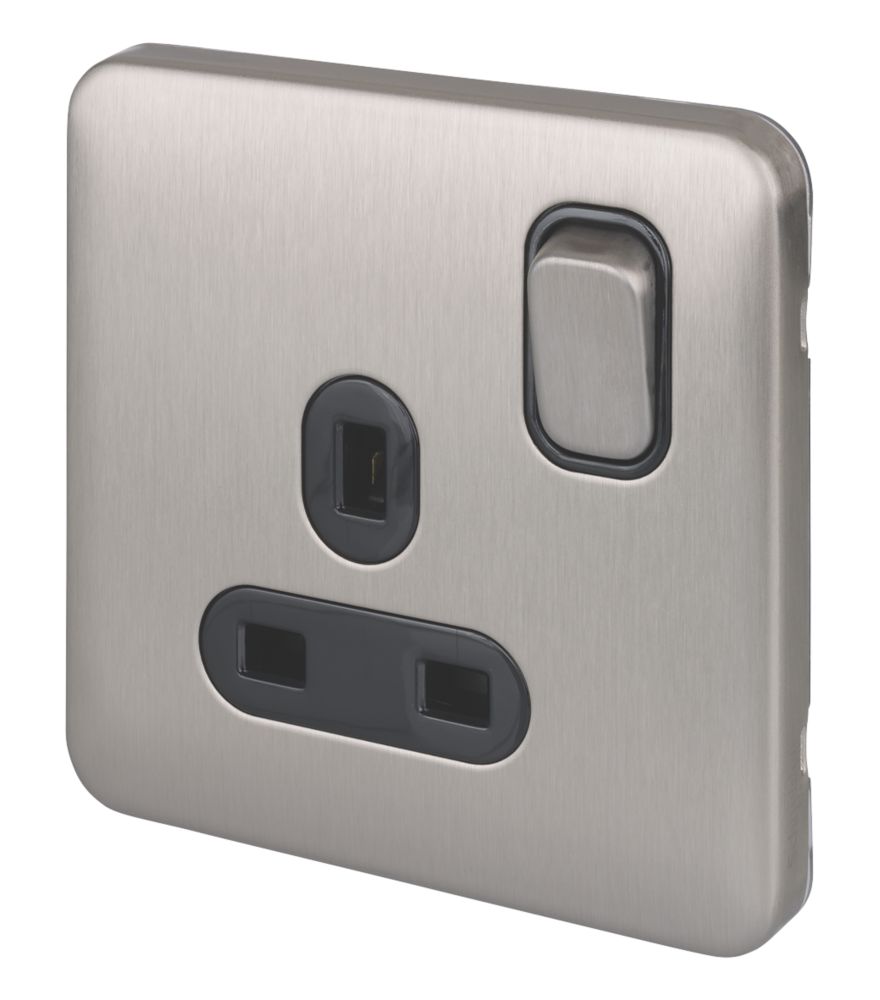 Image of Schneider Electric Lisse Deco 13A 1-Gang SP Switched Plug Socket Brushed Stainless Steel with Black Inserts 