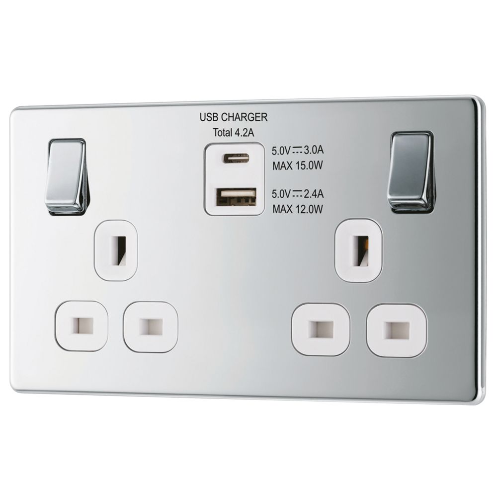 Image of LAP 13A 2-Gang DP Switched Socket + 4.2A 2-Outlet Type A & C USB Charger Polished Chrome with White Inserts 