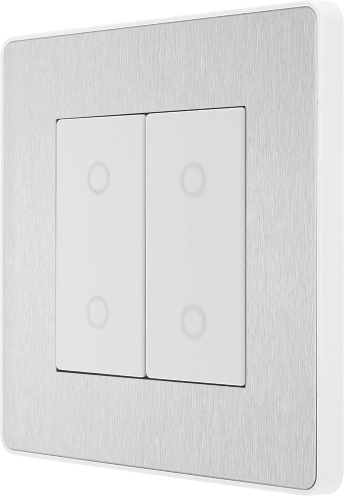 Image of British General Evolve 2-Gang 2-Way LED Double Secondary Touch Trailing Edge Dimmer Switch Brushed Steel with White Inserts 