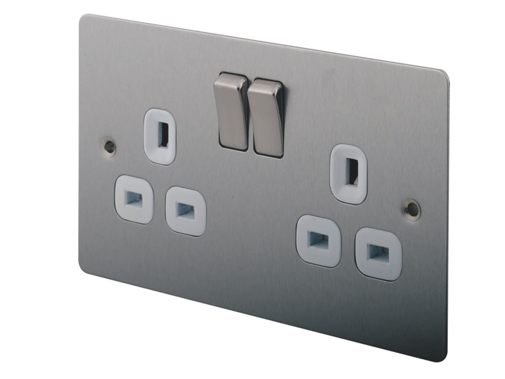 Image of LAP 13A 2-Gang DP Switched Plug Socket Brushed Stainless Steel with White Inserts 