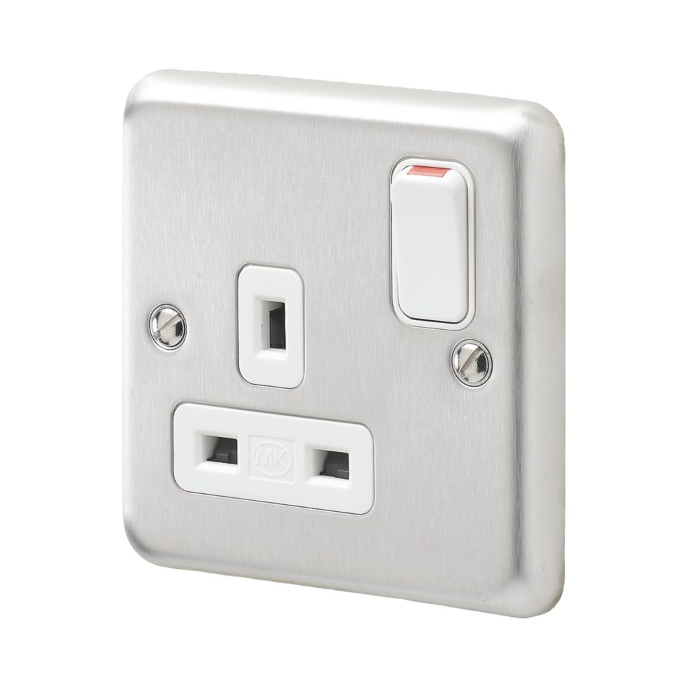 Image of MK Contoura 13A 1-Gang DP Switched Plug Socket Brushed Stainless Steel with White Inserts 