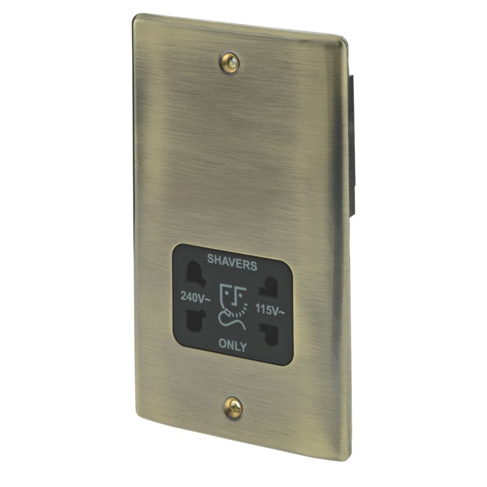 Image of British General Nexus Metal 2-Gang Dual Voltage Shaver Socket 115 / 240V Antique Brass with Black Inserts 