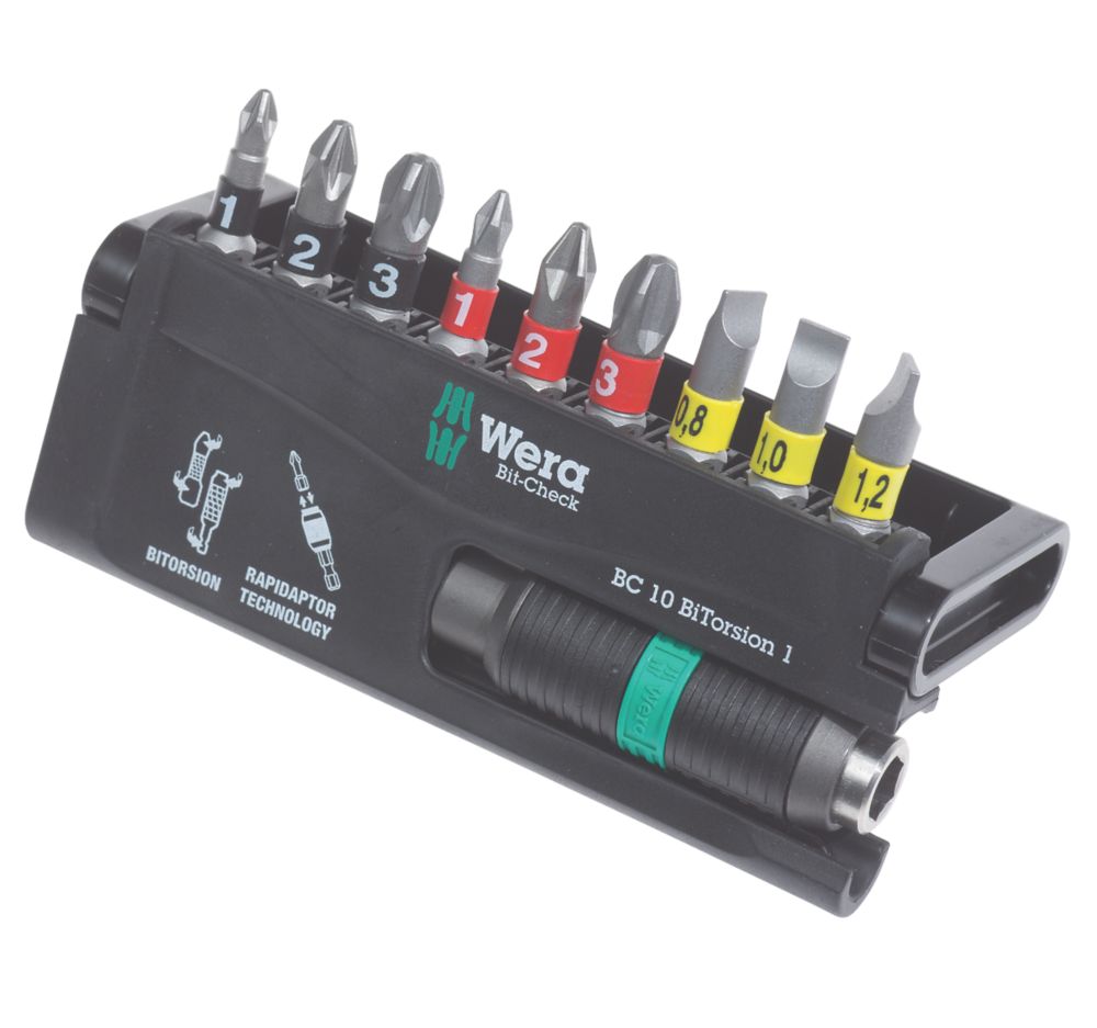 Image of Wera Bit-Check 1/4" Hex Shank Mixed BiTorsion Tough Screwdriver Bit Set 10 Pieces 