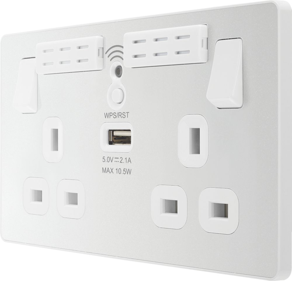 Image of British General Evolve 13A 2-Gang SP Switched Double Socket With WiFi Extender + 2.1A 1-Outlet Type A USB Charger White with White Inserts 