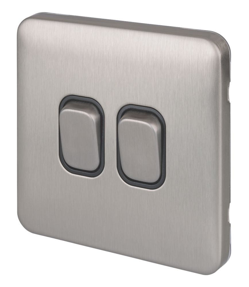 Image of Schneider Electric Lisse Deco 10AX 2-Gang 2-Way Light Switch Brushed Stainless Steel with Black Inserts 