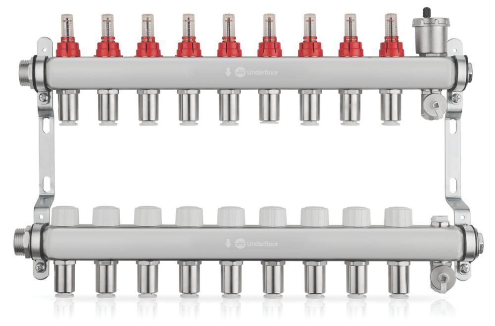 Image of JG Underfloor 9 Port Underfloor Heating Manifold Brushed Steel 