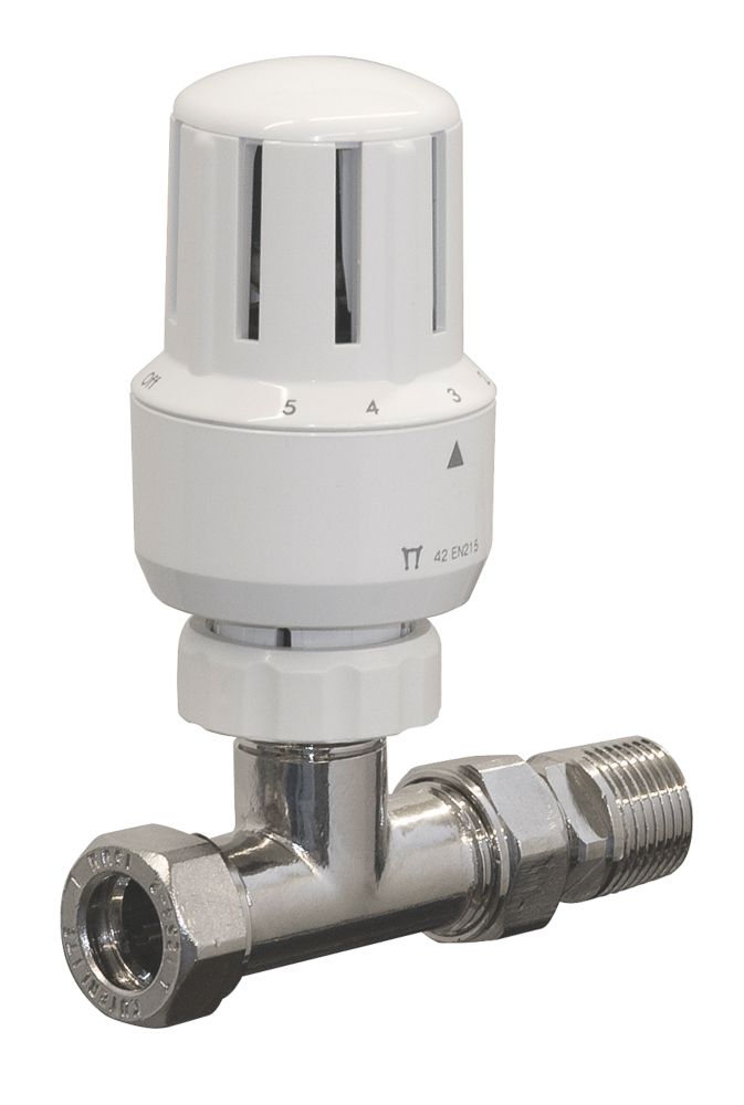 Image of White Straight Thermostatic TRV & Lockshield 15mm x 1/2" 