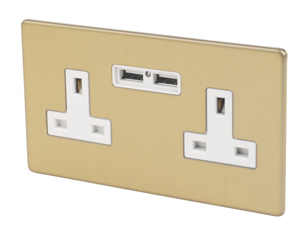Image of Varilight 13AX 2-Gang Unswitched Socket + 2.1A 2-Outlet Type A USB Charger Brushed Brass with White Inserts 