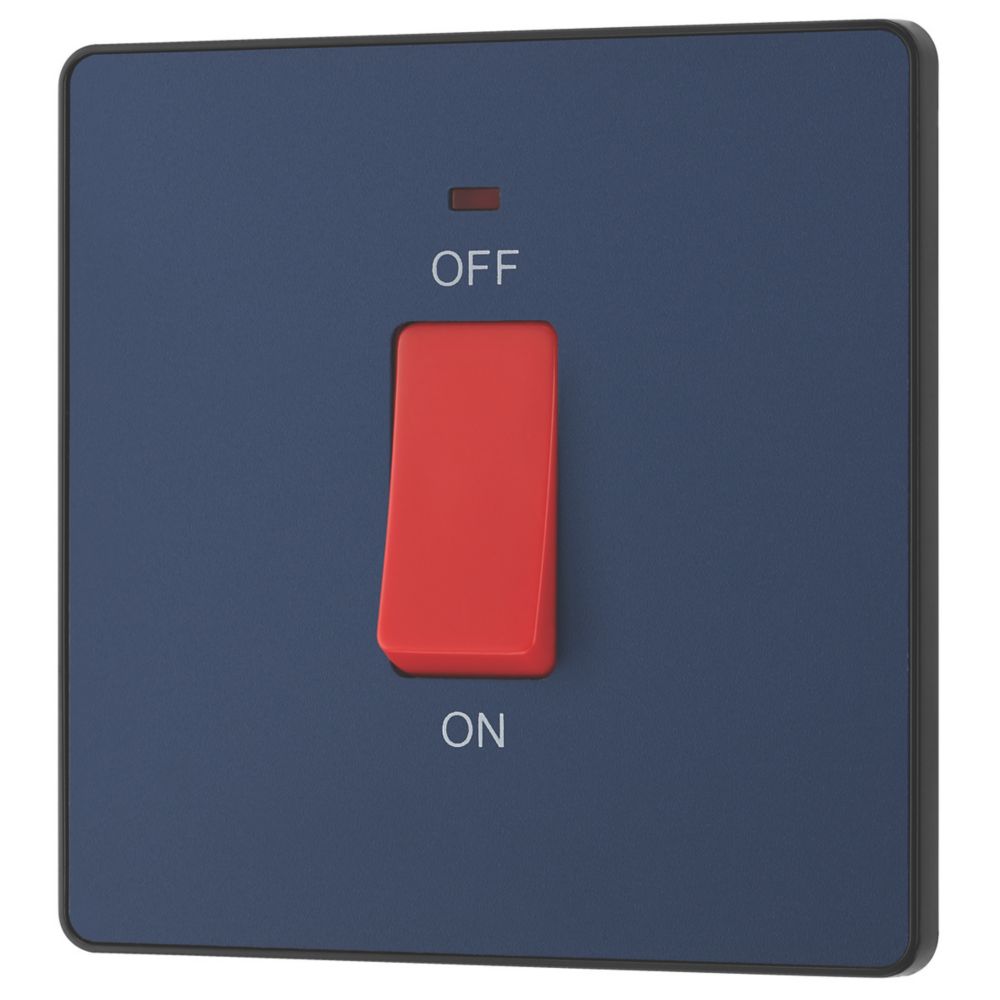Image of British General Evolve 45A 1-Gang 2-Pole Cooker Switch Blue with LED with Black Inserts 