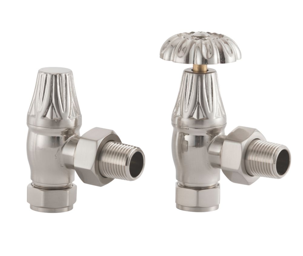 Image of Arroll UK-10 Brushed Nickel Angled Manual Radiator Valve & Lockshield 15mm x 1/2" 