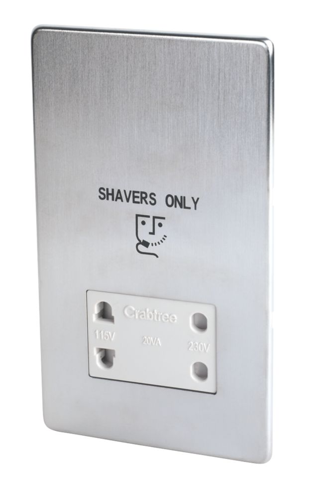 Image of Crabtree Platinum 2-Gang Dual Voltage Shaver Socket 115 / 230V Satin Chrome with White Inserts 