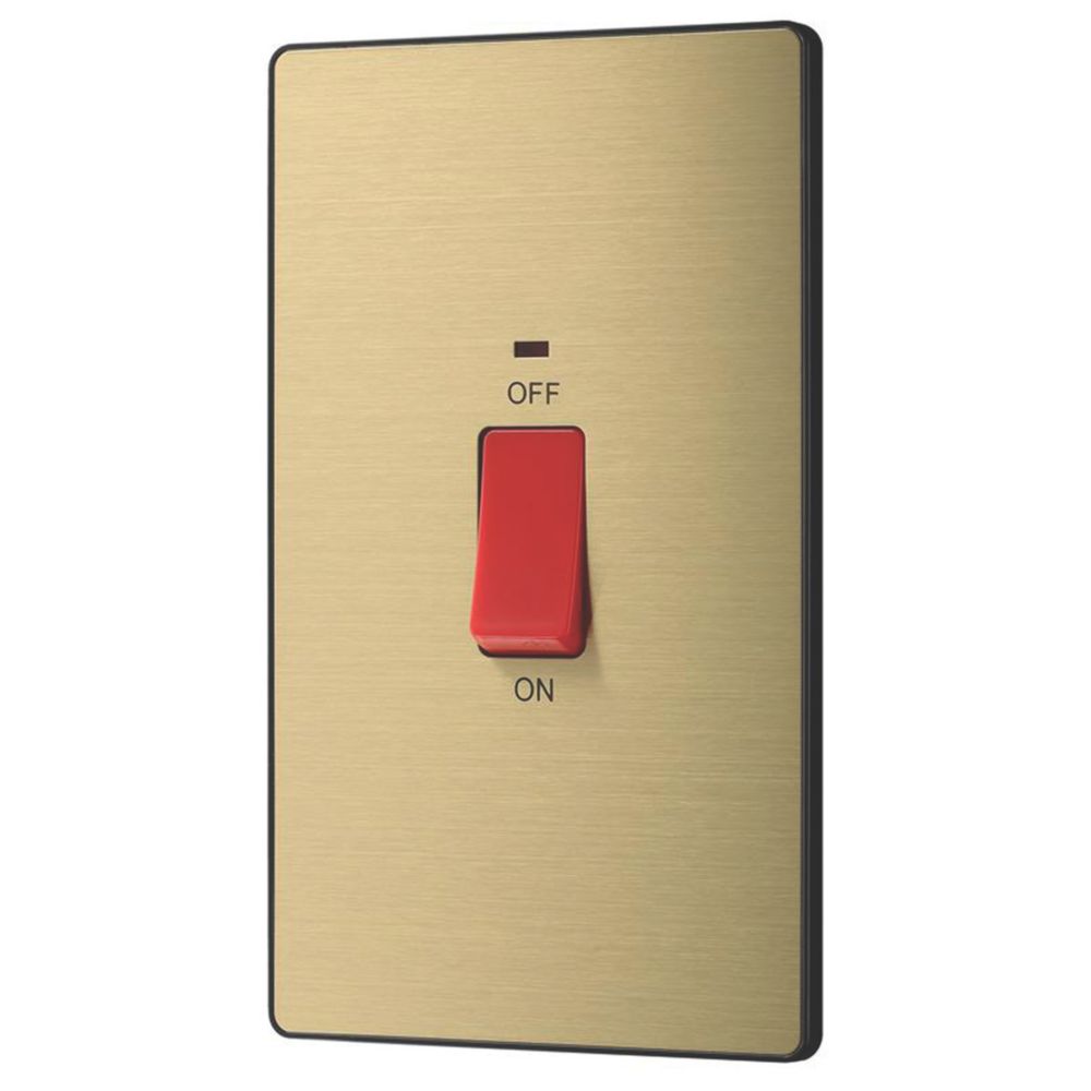 Image of British General Evolve 45A 2-Gang 2-Pole Cooker Switch Satin Brass with LED with Black Inserts 