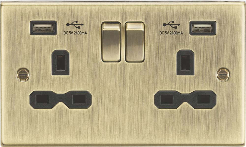 Image of Knightsbridge 13A 2-Gang SP Switched Socket + 2.4A 2-Outlet Type A USB Charger Antique Brass with Black Inserts 