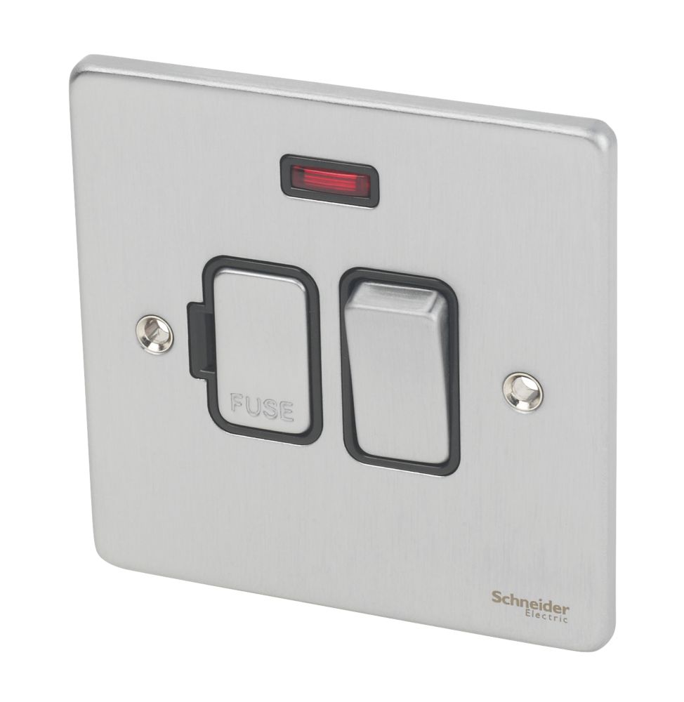 Image of Schneider Electric Ultimate Low Profile 13A Switched Fused Spur with Neon Brushed Chrome with Black Inserts 