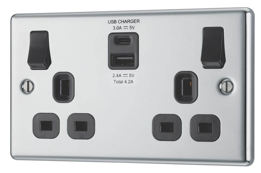 Image of LAP 13A 2-Gang SP Switched Socket + 4.2A 2-Outlet Type A & C USB Charger Polished Chrome with Black Inserts 