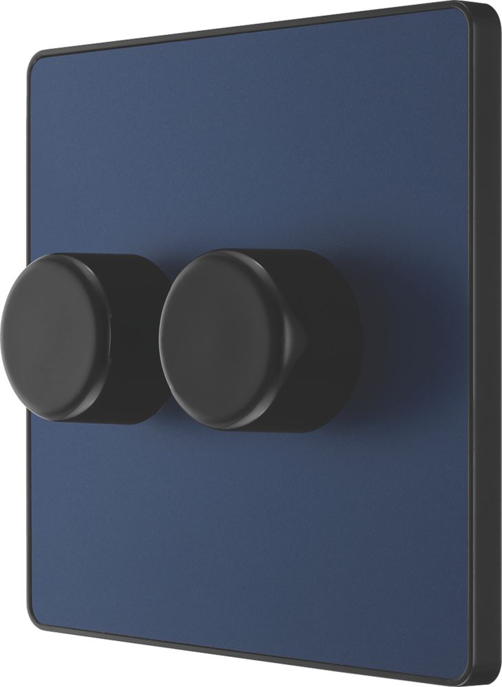Image of British General Evolve 2-Gang 2-Way LED Trailing Edge Double Push Dimmer with Rotary Control Blue with Black Inserts 
