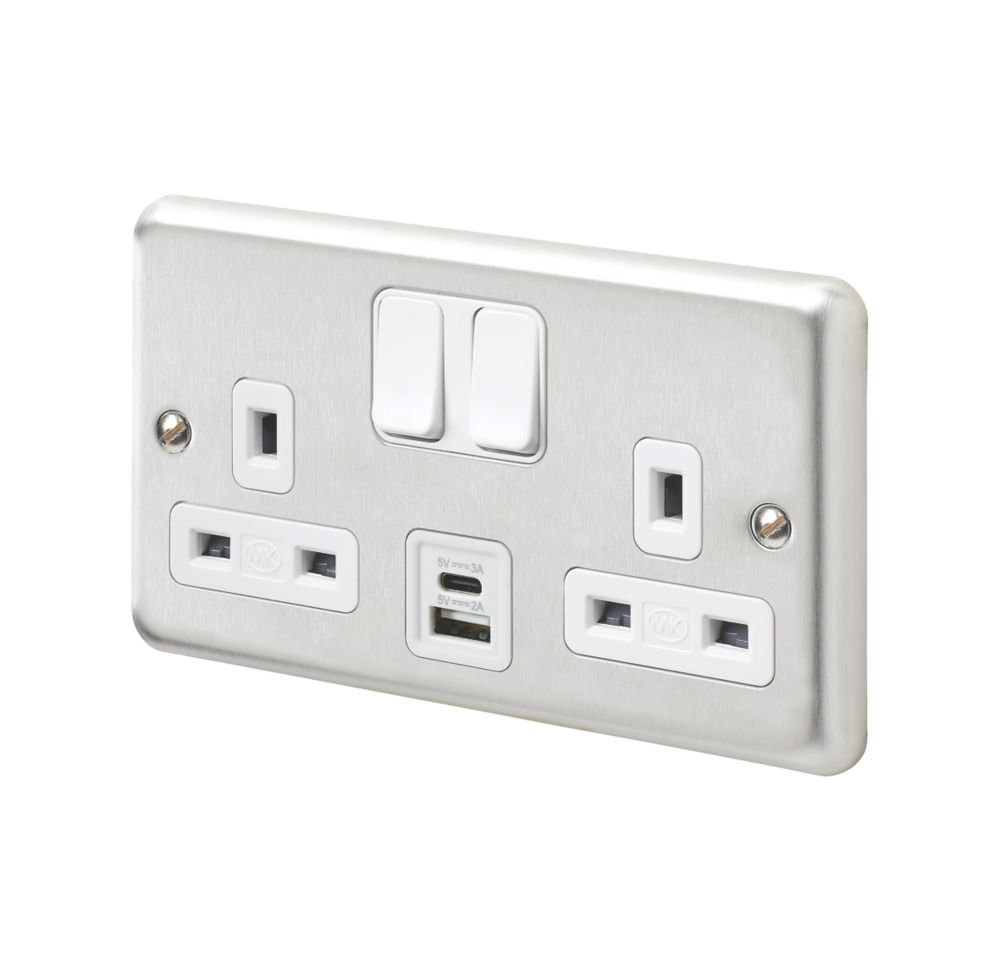 Image of MK Contoura 13A 2-Gang DP Switched Socket + 3A 2-Outlet Type A & C USB Charger Brushed Stainless Steel with White Inserts 