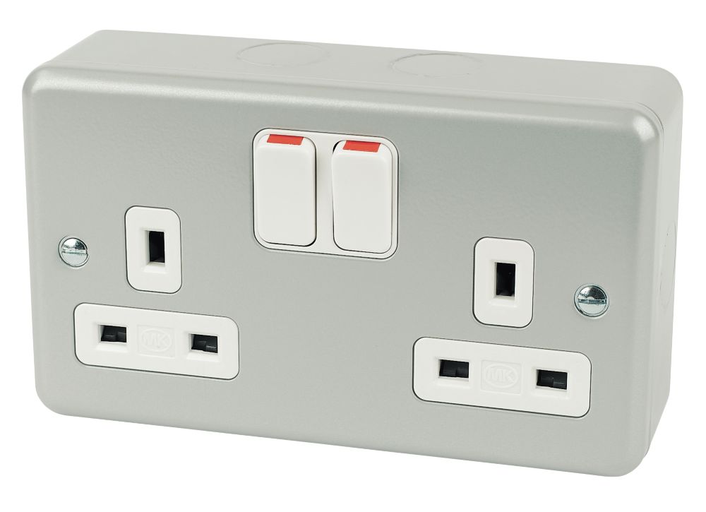 Image of MK Metalclad Plus 13A 2-Gang DP Switched Metal Clad Plug Socket with White Inserts 